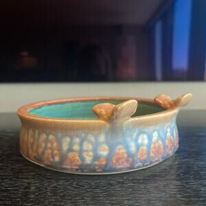 Ceramic Studio Hand Made Bowl with Butterflies Turquoise Drip Glaze